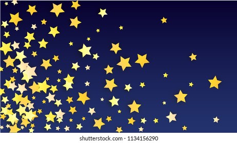 Many Random Falling Yellow Stars Confetti on Blue Background. Invitation Design. 
 Banner, Greeting Card, Christmas card, Postcard, Packaging, Textile Print. Beautiful Night Sky