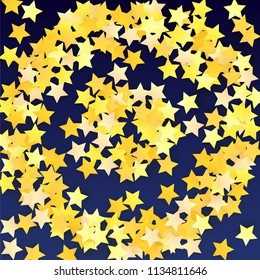 Many Random Falling Yellow Stars Confetti on Blue Background. Invitation Design. 
 Banner, Greeting Card, Christmas card, Postcard, Packaging, Textile Print. Beautiful Night Sky. Vector 