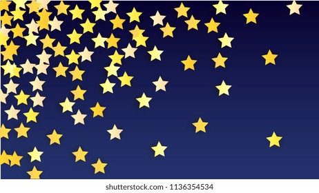 Many Random Falling Yellow Stars Confetti on Blue Background. Invitation Design. 
 Banner, Greeting Card, Christmas card, Postcard, Packaging, Textile Print. Beautiful Night Sky