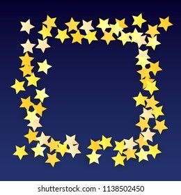 Many Random Falling Yellow Stars Confetti on Blue Background. Invitation Design. 
 Banner, Greeting Card, Christmas card, Postcard, Packaging, Textile Print. Beautiful Night Sky. Vector 