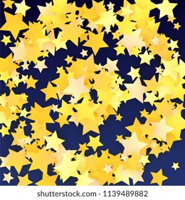 Many Random Falling Yellow Stars Confetti on Blue Background. Invitation Design. 
 Banner, Greeting Card, Christmas card, Postcard, Packaging, Textile Print. Beautiful Night Sky