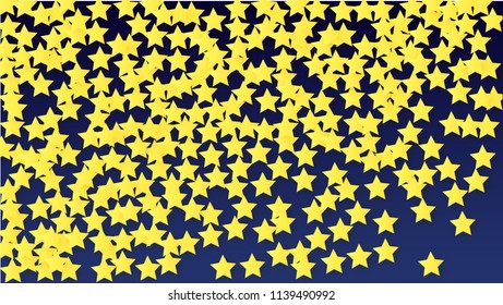 Many Random Falling Yellow Stars Confetti on Blue Background. Invitation Design. 
 Banner, Greeting Card, Christmas card, Postcard, Packaging, Textile Print. Beautiful Night Sky