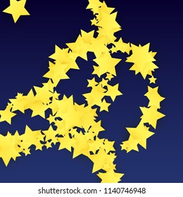 Many Random Falling Yellow Stars Confetti on Blue Background. Invitation Design. 
 Banner, Greeting Card, Christmas card, Postcard, Packaging, Textile Print. Beautiful Night Sky