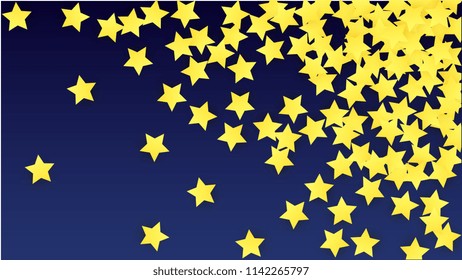 Many Random Falling Yellow Stars Confetti on Blue Background. Invitation Design. 
 Banner, Greeting Card, Christmas card, Postcard, Packaging, Textile Print. Beautiful Night Sky. Vector 