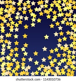 Many Random Falling Yellow Stars Confetti on Blue Background. Invitation Design. Banner, Greeting Card, Christmas card, Postcard, Packaging, Textile Print. Beautiful Night Sky