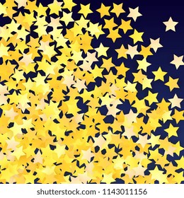 Many Random Falling Yellow Stars Confetti on Blue Background. Invitation Design. Banner, Greeting Card, Christmas card, Postcard, Packaging, Textile Print. Beautiful Night Sky. Vector 