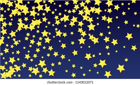 Many Random Falling Yellow Stars Confetti on Blue Background. Invitation Design. Banner, Greeting Card, Christmas card, Postcard, Packaging, Textile Print. Beautiful Night Sky