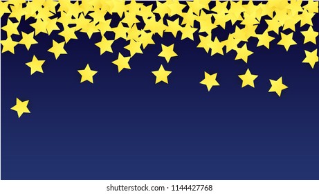 Many Random Falling Yellow Stars Confetti on Blue Background. Invitation Design. Banner, Greeting Card, Christmas card, Postcard, Packaging, Textile Print. Beautiful Night Sky. Vector 