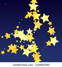 Many Random Falling Yellow Stars Confetti on Blue Background. Invitation Design. 
 Banner, Greeting Card, Christmas card, Postcard, Packaging, Textile Print. Beautiful Night Sky. Vector 