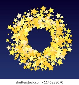 Many Random Falling Yellow Stars Confetti on Blue Background. Invitation Design. 
 Abstract Decoration for Party, Birthday Celebrate, Anniversary or Event, Festive. Vector illustration 