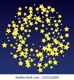 Many Random Falling Yellow Stars Confetti on Blue Background. Invitation Design. 
 Abstract Decoration for Party, Birthday Celebrate, Anniversary or Event, Festive. Vector illustration 