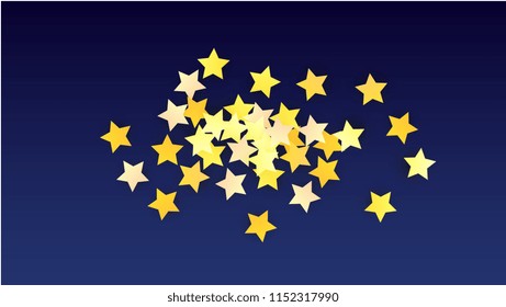 Many Random Falling Yellow Stars Confetti on Blue Background. Invitation Design. 
 Banner, Greeting Card, Christmas card, Postcard, Packaging, Textile Print. Beautiful Night Sky
