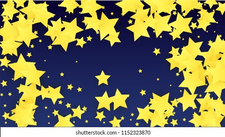 Many Random Falling Yellow Stars Confetti on Blue Background. Invitation Design. 
 Banner, Greeting Card, Christmas card, Postcard, Packaging, Textile Print. Beautiful Night Sky. Vector 