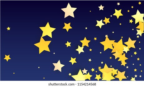 Many Random Falling Yellow Stars Confetti on Blue Background. Invitation Design. 
 Banner, Greeting Card, Christmas card, Postcard, Packaging, Textile Print. Beautiful Night Sky. Vector 