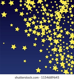 Many Random Falling Yellow Stars Confetti on Blue Background. Invitation Design. 
 Banner, Greeting Card, Christmas card, Postcard, Packaging, Textile Print. Beautiful Night Sky
