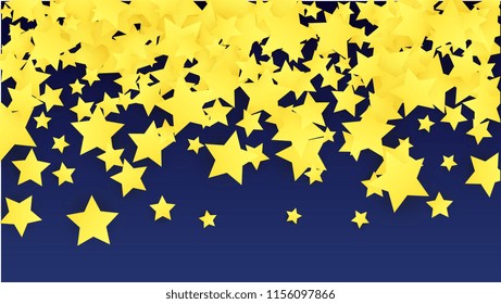 Many Random Falling Yellow Stars Confetti on Blue Background. Invitation Design. 
 Banner, Greeting Card, Christmas card, Postcard, Packaging, Textile Print. Beautiful Night Sky. Vector 