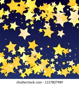Many Random Falling Yellow Stars Confetti on Blue Background. Invitation Design. 
 Banner, Greeting Card, Christmas card, Postcard, Packaging, Textile Print. Beautiful Night Sky. Vector 