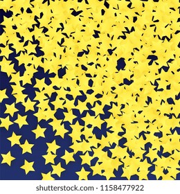 Many Random Falling Yellow Stars Confetti on Blue Background. Invitation Design. 
 Banner, Greeting Card, Christmas card, Postcard, Packaging, Textile Print. Beautiful Night Sky