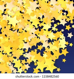 Many Random Falling Yellow Stars Confetti on Blue Background. Invitation Design. 
 Banner, Greeting Card, Christmas card, Postcard, Packaging, Textile Print. Beautiful Night Sky. Vector 