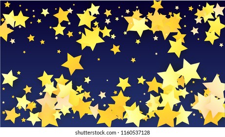 Many Random Falling Yellow Stars Confetti on Blue Background. Invitation Design. 
 Banner, Greeting Card, Christmas card, Postcard, Packaging, Textile Print. Beautiful Night Sky. Vector 