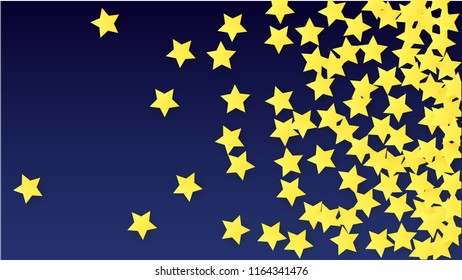 Many Random Falling Yellow Stars Confetti on Blue Background. Invitation Design. 
 Banner, Greeting Card, Christmas card, Postcard, Packaging, Textile Print. Beautiful Night Sky. Vector 