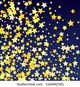 Many Random Falling Yellow Stars Confetti on Blue Background. Invitation Design. 
 Banner, Greeting Card, Christmas card, Postcard, Packaging, Textile Print. Beautiful Night Sky. Vector 
