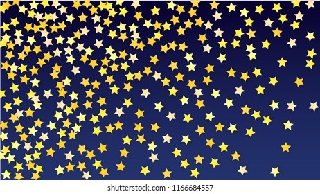 Many Random Falling Yellow Stars Confetti on Blue Background. Invitation Design. 
 Banner, Greeting Card, Christmas card, Postcard, Packaging, Textile Print. Beautiful Night Sky. Vector 