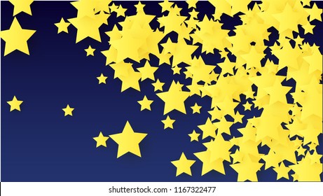 Many Random Falling Yellow Stars Confetti on Blue Background. Invitation Design. 
 Banner, Greeting Card, Christmas card, Postcard, Packaging, Textile Print. Beautiful Night Sky. Vector 