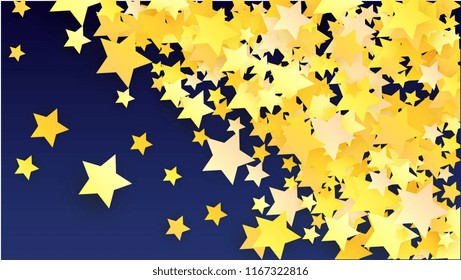 Many Random Falling Yellow Stars Confetti on Blue Background. Invitation Design. 
 Abstract Decoration for Party, Birthday Celebrate, Anniversary or Event, Festive. Vector illustration 
