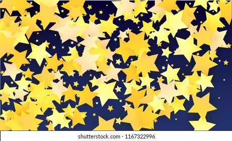 Many Random Falling Yellow Stars Confetti on Blue Background. Invitation Design. 
 Abstract Decoration for Party, Birthday Celebrate, Anniversary or Event, Festive. Vector illustration 