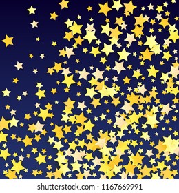 Many Random Falling Yellow Stars Confetti on Blue Background. Invitation Design. 
 Banner, Greeting Card, Christmas card, Postcard, Packaging, Textile Print. Beautiful Night Sky. Vector 
