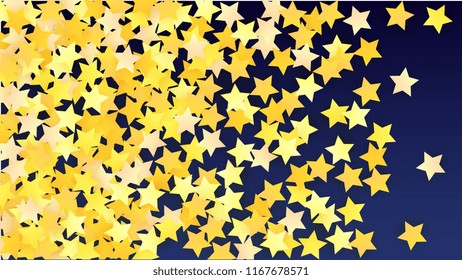 Many Random Falling Yellow Stars Confetti on Blue Background. Invitation Design. Abstract Decoration for Party, Birthday Celebrate, Anniversary or Event, Festive. Vector illustration 