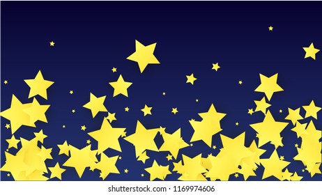 Many Random Falling Yellow Stars Confetti on Blue Background. Invitation Design. 
 Abstract Decoration for Party, Birthday Celebrate, Anniversary or Event, Festive. Vector illustration 