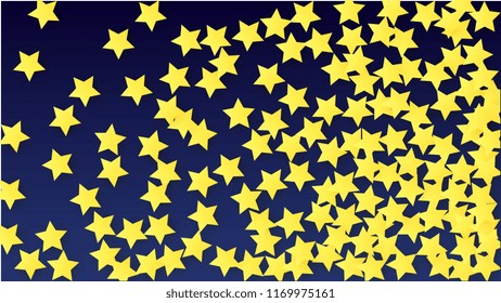 Many Random Falling Yellow Stars Confetti on Blue Background. Invitation Design. 
 Banner, Greeting Card, Christmas card, Postcard, Packaging, Textile Print. Beautiful Night Sky