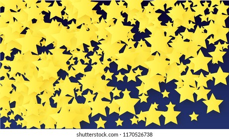 Many Random Falling Yellow Stars Confetti on Blue Background. Invitation Design. 
 Banner, Greeting Card, Christmas card, Postcard, Packaging, Textile Print. Beautiful Night Sky. Vector 