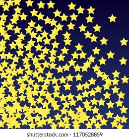 Many Random Falling Yellow Stars Confetti on Blue Background. Invitation Design. 
 Banner, Greeting Card, Christmas card, Postcard, Packaging, Textile Print. Beautiful Night Sky