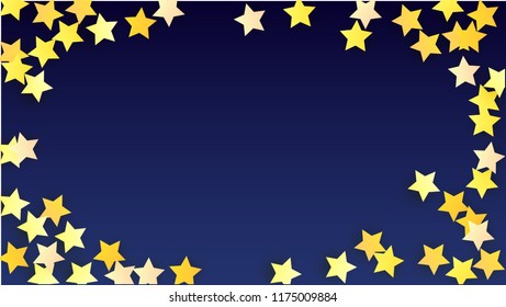 Many Random Falling Yellow Stars Confetti on Blue Background. Invitation Design. Banner, Greeting Card, Christmas card, Postcard, Packaging, Textile Print. Beautiful Night Sky