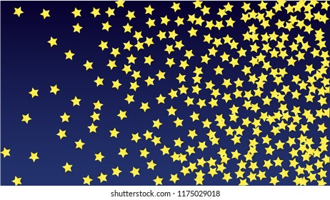 Many Random Falling Yellow Stars Confetti on Blue Background. Invitation Design. Banner, Greeting Card, Christmas card, Postcard, Packaging, Textile Print. Beautiful Night Sky