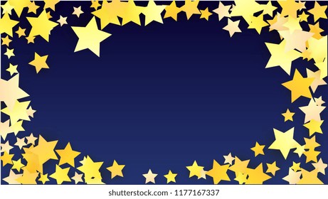 Many Random Falling Yellow Stars Confetti on Blue Background. Invitation Design. 
 Abstract Decoration for Party, Birthday Celebrate, Anniversary or Event, Festive. Vector illustration 