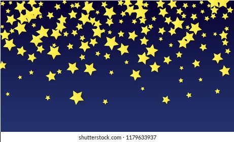 Many Random Falling Yellow Stars Confetti on Blue Background. Invitation Design. 
 Banner, Greeting Card, Christmas card, Postcard, Packaging, Textile Print. Beautiful Night Sky. Vector 