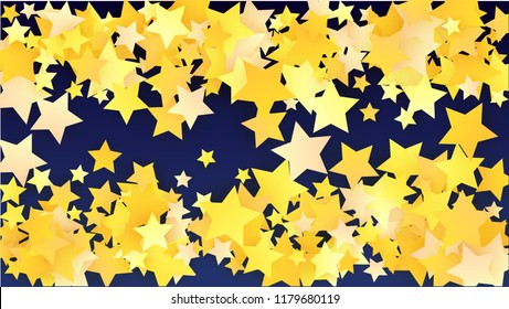 Many Random Falling Yellow Stars Confetti on Blue Background. Invitation Design. 
 Abstract Decoration for Party, Birthday Celebrate, Anniversary or Event, Festive. Vector illustration 