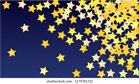 Many Random Falling Yellow Stars Confetti on Blue Background. Invitation Design. 
 Abstract Decoration for Party, Birthday Celebrate, Anniversary or Event, Festive. Vector illustration 