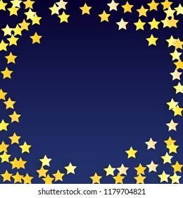 Many Random Falling Yellow Stars Confetti on Blue Background. Invitation Design. 
 Abstract Decoration for Party, Birthday Celebrate, Anniversary or Event, Festive. Vector illustration 