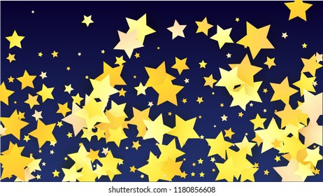 Many Random Falling Yellow Stars Confetti on Blue Background. Invitation Design. 
 Banner, Greeting Card, Christmas card, Postcard, Packaging, Textile Print. Beautiful Night Sky