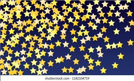 Many Random Falling Yellow Stars Confetti on Blue Background. Invitation Design. 
 Banner, Greeting Card, Christmas card, Postcard, Packaging, Textile Print. Beautiful Night Sky. Vector 