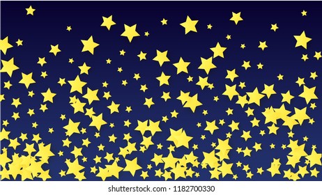 Many Random Falling Yellow Stars Confetti on Blue Background. Invitation Design. 
 Banner, Greeting Card, Christmas card, Postcard, Packaging, Textile Print. Beautiful Night Sky. Vector 
