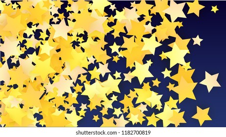 Many Random Falling Yellow Stars Confetti on Blue Background. Invitation Design. 
 Banner, Greeting Card, Christmas card, Postcard, Packaging, Textile Print. Beautiful Night Sky