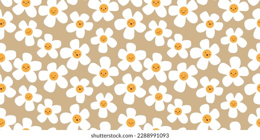 Many Random Placed White Flower Heads with Smiling Faces on Brown Background - Vintage Style Colorful Texture, Floral Pattern - Wide Scale Texture, Design Element Template in Editable Vector Format