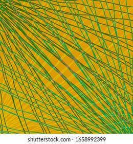 Many rays of green light with symmetrical bright waves on yellow black.