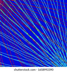 Many rays of light blue light with symmetrical bright waves on blue black.